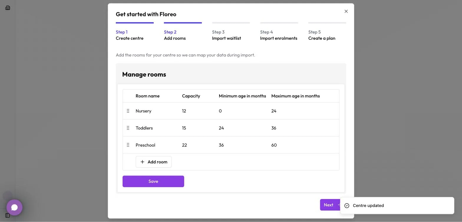 Click Add room, then enter the name, capacity and age range in months.