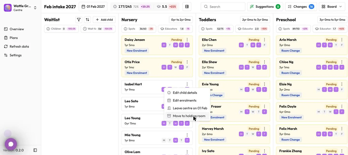 Open the ⋯ menu on a child’s card and choose Move to holding room.